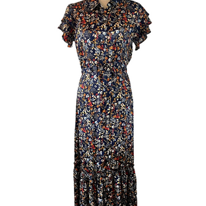 Lovestitch Navy Floral Maxi Dress Flutter Sleeve Button Down Size S Brand New